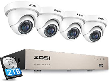 ZOSI CCTV Kit Cámaras de Vigilancia 5MP Lite (4pcs) 1080p Cámara de Seguridad Exterior con 8CH 2MP H.265+ Grabador DVR, Visión Nocturna, Alarma de Movimiento, 2TB Disco Duro