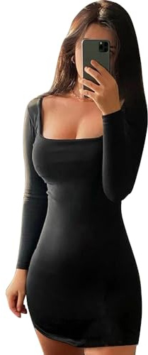 QKEPCY Vestito Donna Corto Maniche Lunghe Mini Abito Sexy Abiti Donna Bodycon Dress Sexy Nero Maniche Lunghe Vestiti de Discoteca Sera Cocktail Party Tubino Autunno Inverno