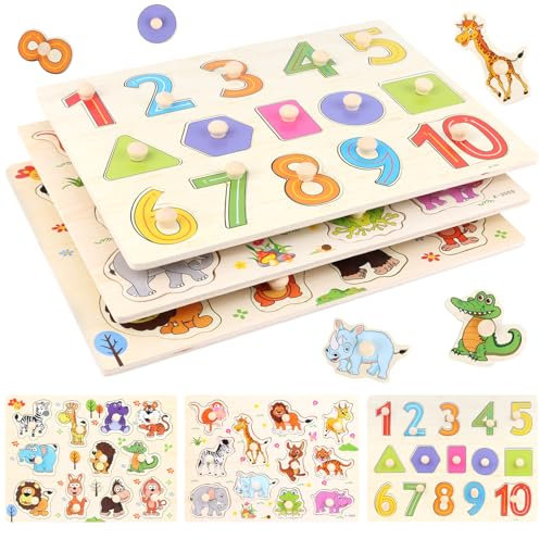 3 Steckpuzzle, Montessori Kinderspielzeug Holzspielzeug, Holzpuzzle Tiere Spielzeug Puzzle, Großen Holzknöpfen zum Greifen Lernspielzeug für Jungen und Mädchen