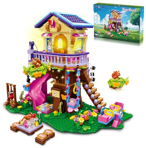 CUBIMANA Ensemble de Construction de cabane dans Les Arbres avec éclairage LED - Ensemble de Jouets de Construction de Maison pour Filles, Cadeau pour Enfants Filles garçons (618 pièces)