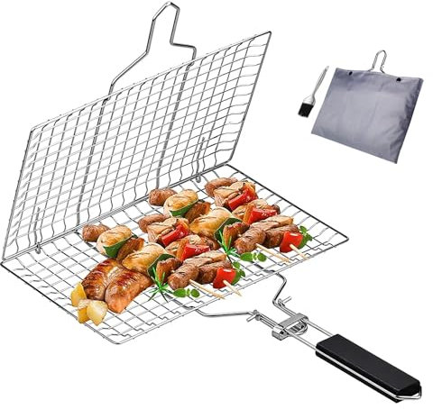 Grillkorb Fischbräter Fisch-Grillkorb tragbarer Edelstahl-Grillkorb für Fischgemüse mit Backpinsel und Aufbewahrungstasche,für Fischgemüse Steak Garnelenkoteletts