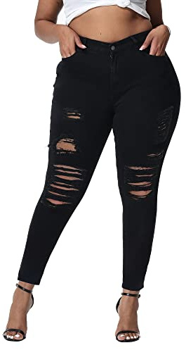 Gocolloa Womens Plus Size Skinny Jeans Stretchy High Waisted Ripped Distressed Ankle Jean Black 26W