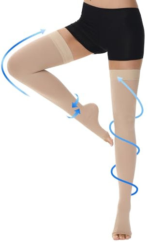 Ailaka 20-30 mmHg Medizinische Kompressionsstrümpfe für Frauen und Männer, offene Zehen Oberschenkelhohe graduierter Kompression mit Silikonband für Krampfadern, Ödeme, nach der Operation