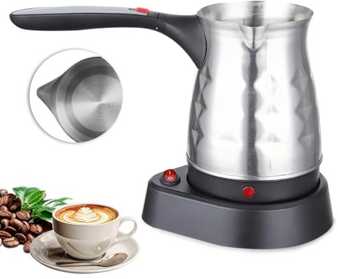 WIYETY Elektrische Türkische Kaffeemaschine, 500ML Edelstahl Turkischer Kaffeekocher mit Faltbar Handgriff, Türkischer Mokkakocher, für Familie, Büro - 600W - Silber