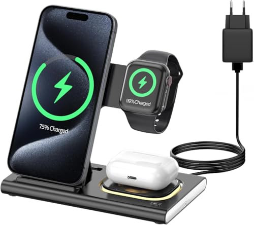 Aimtel Station de Charge sans Fil Pliable 3 en 1 pour - Chargeur inductif Compatible avec iPhone 17/17 Pro Max/16/15/14/13/12/11,Apple Watch 11/Ultra 3/10/9/8/7/6/SE 3,Air Pods Pro/4/3/2
