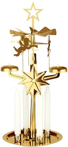 BRUBAKER Lichter Glockenspiel aus Metall - Karussell Kerzenhalter mit Engeln inkl. 4 Kerzen - Drehende Tischpyramide - Kerzenständer Pyramide für Weihnachten - Weihnachtspyramide Gold