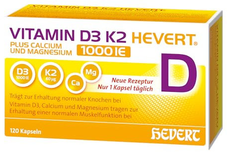 Vitamin D3 K2 Hevert plus Calcium und Magnesium 1.000 I.E. mit 4-fach Osteo-Formel für gesunde Knochen und Muskeln, 120 St. Kapseln