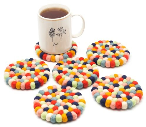 GLACIART ONE Felt Ball Wool Coasters for Drinks - 6Pack | Moisture Absorbent Drink Coasters for Coffee Table, Office or Dining Table | Large Size for Glass, Mug, Cup or Soup Bowl