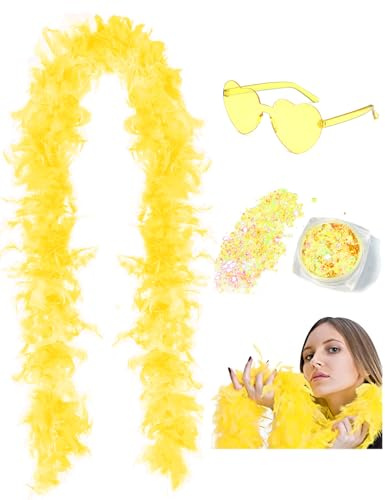 Boà di piume da 45g (2 iarde) con glitter e occhiali a forma di cuore - Per donne e ragazze - Addio al nubilato, Halloween e costumi (Giallo)