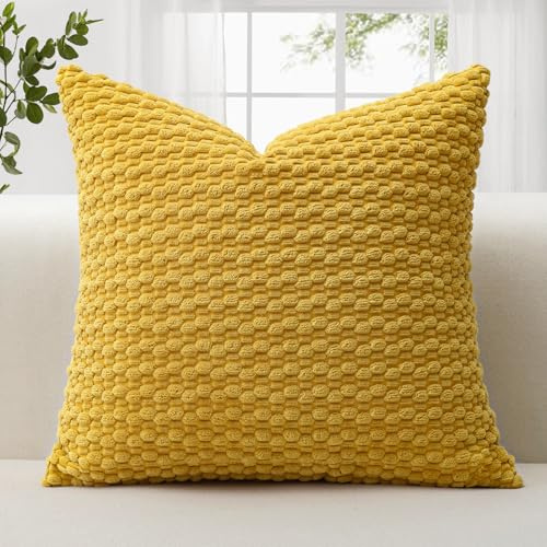 JOTOM Federe per Cuscino in Velluto a Coste Morbido 50x50 cm Federe per Cuscino con Texture a Bolle 3D per Divano, Camera da Letto, Decorazione della Casa (Giallo Senape)
