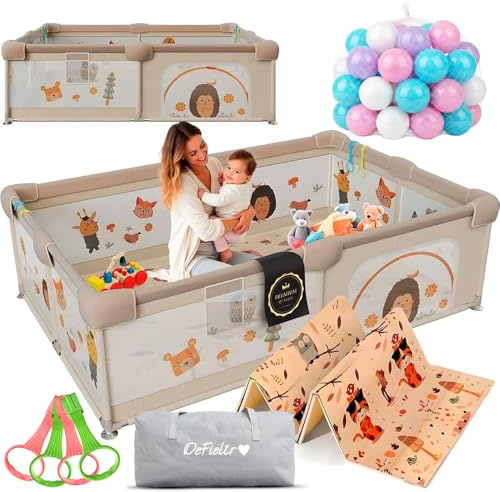 DeFieltro Parque Infantil Bebe del Bosque 150x180 - Corralito Bebe con Malla de Animales Transpirable Alfombra Acolchada +60 BOLAS +4 Anillas - Corral Plegable Baby ANTIDESLIZANTE