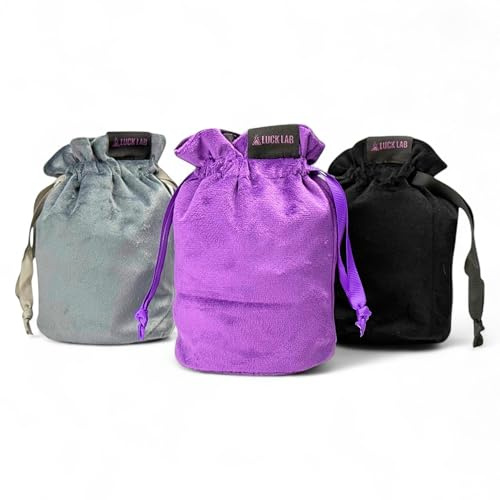 Luck Lab Velvet Drawstring Dice Bag - Set of Three Colors - Dungeons and Dragons Fabric/Standing Cotton Fabric Dice Bags/D&D Dice Pouch/Small Pouch/Velvet Jewelry Bag (Purple, Black, Grey)