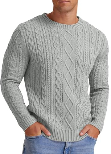 Hisir Men's Cable Knit Jumpers Winter Casual Crew Neck Thick Warm Long Sleeve Sweater Pullover Tops for Men UK (Light Grey, XXL)