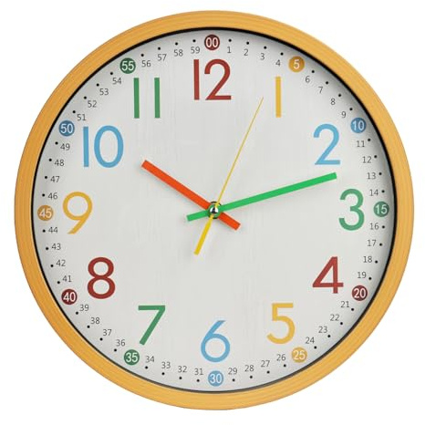 bakbrand Kids Wall Clock Silent Non-Ticking Colorful Childrens Clock Round Decorative Wall Clocks for Classroom, School, Office, Bedroom, Living Room, Kitchen (Birch, 12 inch)