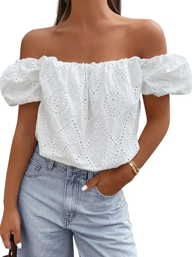 PRETTYGARDEN Women's Summer Off The Shoulder Tops 2026 Dressy Casual Puff Short Sleeve Embroidered Eyelet Cute Blouse Shirts(White,Medium)