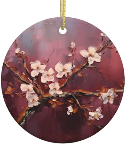 Pink Apricot Blossoms Printed Ceramic Christmas Ornaments - Round. Suitable for Christmas Trees, Holiday Parties, and Home décor