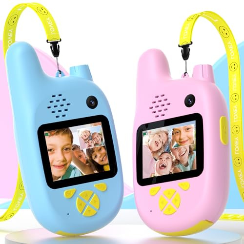 Walkie Talkie Niños con Doble Cámara de Video HD, 2 Unidades Recargables por USB, 4 Cambiadores de Voz, Alcance hasta 400m, Regalo para Aventuras al Aire Libre (Azul + Rosa)