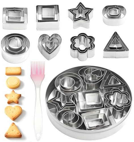 UOCAI 24 Mini Cortadores De Galletas De Acero Inoxidable Con Pincel, 8 Formas Para Niños, Flores, Fondant, Para Hornear Galletas