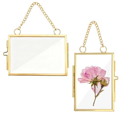 2 Pieces Double Glass Frame with Chain 2.3 In Pressed Flower Frames Mini Brass Wall Hanging Photo Frames Picture Floating Frame for DIY Vintage Artwork Display Home Wall Decor Plant Specimen