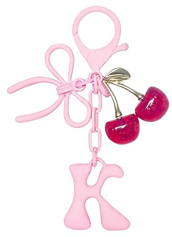 STOMKIRE Pink Bubble Initial Keychain Letter K with Bow and Cherry Bag Charms for Handbags Cute Purse Charms for Women