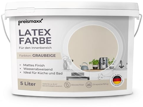 Preismaxx Latexfarbe Graubeige matt 5.0 l abwaschbare Wandfarbe für Innen Küche Badezimmer streichen hohe Deckkraft & strapazierfähig leicht zu reinigen Deckkraftklasse 2 Nassabriebklasse 2