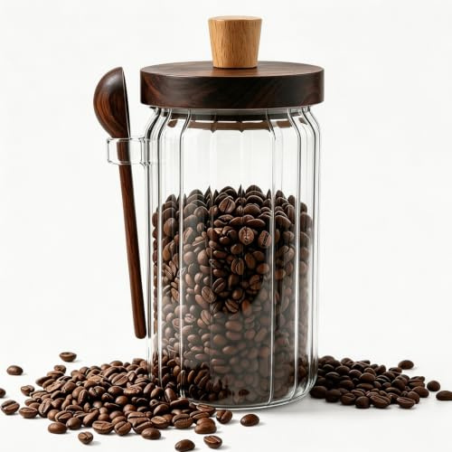 GZYYANG 900 ml förvaringsburkar glas, kaffebönor burk, med sked kaffeburk lufttätt, förvaringsglas med lock av bambu, mätsked och datumdisplay för te nötter kakao