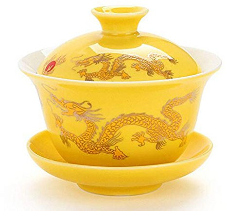 YBK Tech Tasse à thé et soucoupe en porcelaine avec couvercle style Gaiwan pour le Gong Fu Cha Motif dragon chinois traditionnel