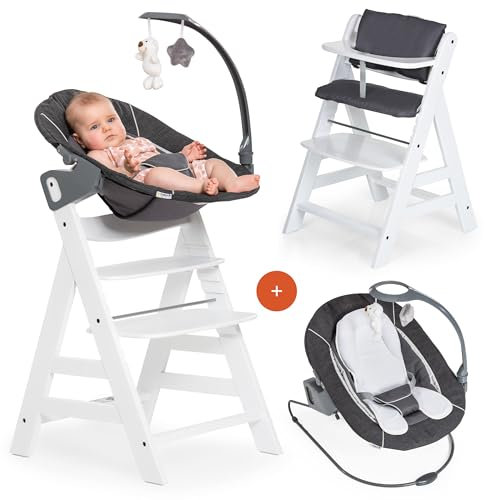 hauck Alpha Plus Newborn Set Deluxe Trona Evolutiva Bebe con Hamaca, Cojín y Arnés - Hamaca Alta Reclinable desde el Nacimiento - Silla Madera Niño Regulable - Tronas Infantiles de Madera - Blanco
