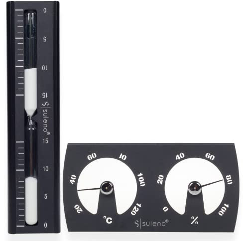 SULENO - Sauna Set KJELL 2-teilig, Sanduhr 5-15 Minuten, Klimamesser, Thermometer 20-120°, Hygrometer 0-100%, Saunazubehör, hitzebeständig, modern, Wandmontage, Sandclock, Zeitmesser (Schwarz)