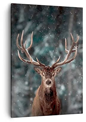 Bilder auf Leinwand Hirsch Hirsch Winter Leinwandbild mit Rahmen 50x70cm Wandbilder Dekoration Wohnzimmer Schlafzimmer Küche Deko Groß Wanddeko Bild Wand Kunstdruck Art Wall Decor Canvas PA50x70-4998
