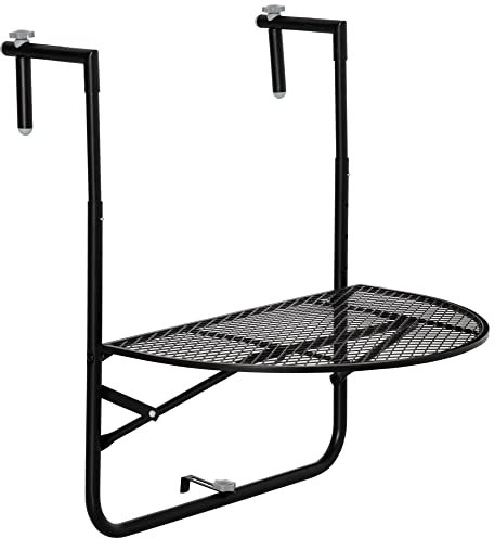 Outsunny Tavolo da Ringhiera Pieghevole in Metallo, Tavolino da Balcone con Altezza Regolabile per Ringhiere 3-11cm, 60x60x57-72cm, Nero