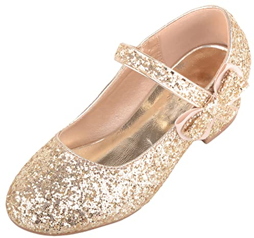 Absolute Footwear Décolleté con tacco a forma di fiocco, per bambini e ragazze, con glitter, facile da infilare, Gold, 30 EU