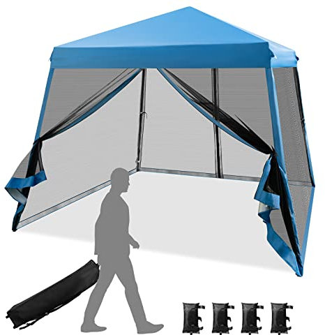 COSTWAY Carpa Cenador Plegable 3x3m, Pabellon de Jardin Pop-up Regulable en Altura, 4 Paredes y 4 Bolas de Arena, Bolsa con Ruedas, Pergolas Impermeables Exterior Protección UV 50+ (Azul)