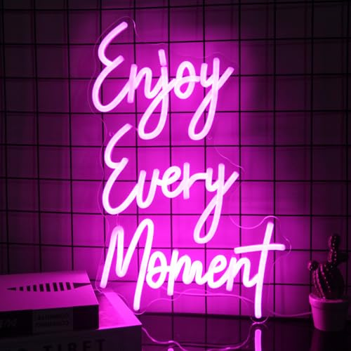 Kullneon Enjoy Every Moment Neon Sign Pink Letter LED Sign Words Neon Light Up Sign Enjoy Neon Signs for Wall Decor LED Neon Lights Signs for Bedroom Bar Restaurant Salon Party Decor