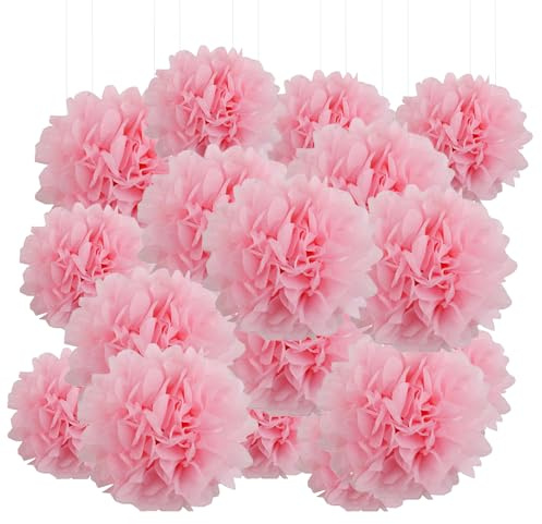 Qimoo 20pcs Light Pink Paper Pom Poms Decorations, DIY Tissue Paper Flowers Ball for Party Wedding Outdoor Decoration