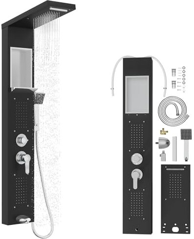 SUBTLETY Pannello doccia in acciaio inox 5 in 1 con colonna doccia a pioggia, soffione a cascata, getti massaggianti, doccetta e beccuccio per vasca da bagno, doccia a pioggia con rubinetto, set