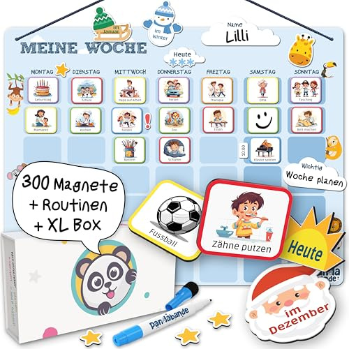 »PANDABANDE« XL Wochenplaner Kinder [300 Magnete, XL Box, Routinen] - Montessori Spielzeug ab 3 Jahre - Ideal zum Wochentage Lernen, Kinderkalender