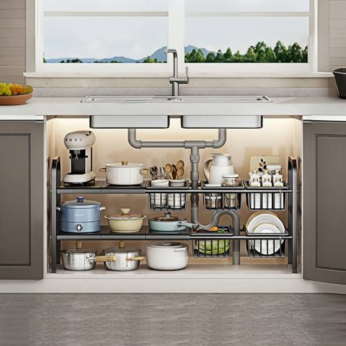 Tauqlfire Under Sink Storage Kitchen Organiser,2 Tier Extendable Caddy,With 5 Removable Panels And 5 Storage Basket,Under Sink Shelf Organiser With Stainless Steel Pipes - Black