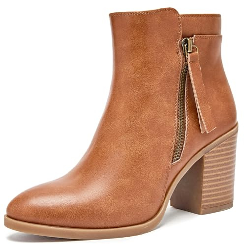 Ruiee Women's Ankle Boots Chunky Heeled Booties Classic Casual Comfortable Fall Winter Pointed Closed Toe Short Boots for Women.240978 Brown PU UKSize5