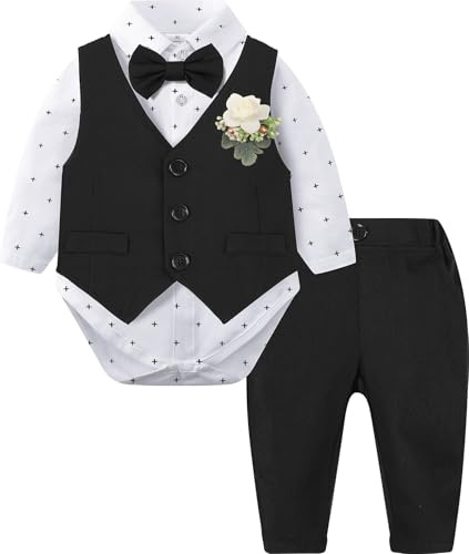 mintgreen Traje formal para bebé, 3 piezas, traje de esmoquin de boda para caballero recién nacido, chaleco de flores de pecho + pantalones