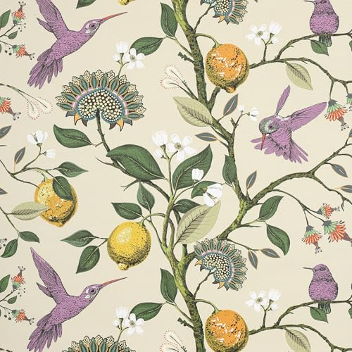 Decotalk Carta da Parati Beige Limone e Foglie Verdi 44.5X300cm Pellicola Adesiva per Mobili Fantasia Uccello Viola Carta Parati Autoadesiva Salotto Parato Adesiva Decorativa Soggiorno Camera Da Letto