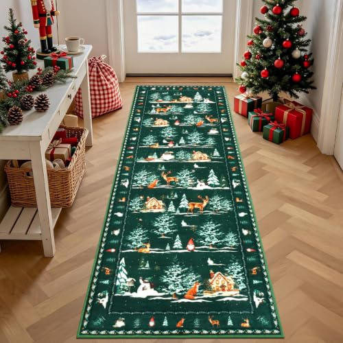 GEANUP Christmas Runner Rug for Hallway 60x180 cm Washable Non Slip Green | Xmas Snow Tree Carpet Runner Soft Short Pile Floor Carpet Rug for Kitchen Bedroom Entryway Laundry Bathroom Festive Decor
