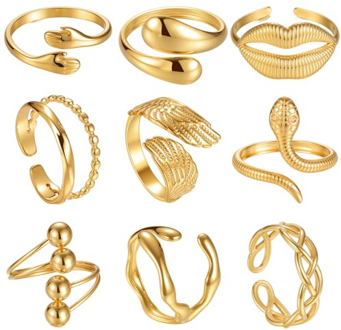 TIZU 9 Pcs Bague Femme Or Chunky Réglables Acier Inoxydable en Or 18K Empilables Ensemble de Bagues Cadeaux pour Femmes Filles (03)