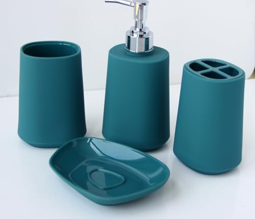 Fingey Ensemble de 4 Accessoires de Salle de Bain au Design Moderne, Porte-Savon, Porte-Brosse à Dents, Distributeur de Savon, gobelet de rinçage (Bleu Sarcelle)