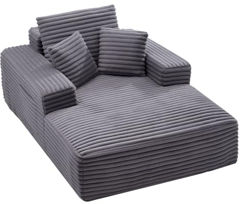 VEVOR Chaise Lounge Chair, 1380 mm Boneless Chaise Lounge Indoor, Modern Upholstered Oversized Reading Chair with Throw Pillows & Armrests, Sofa Couch Deep Seat Sleeper for Living Room, Bedroom, Grey
