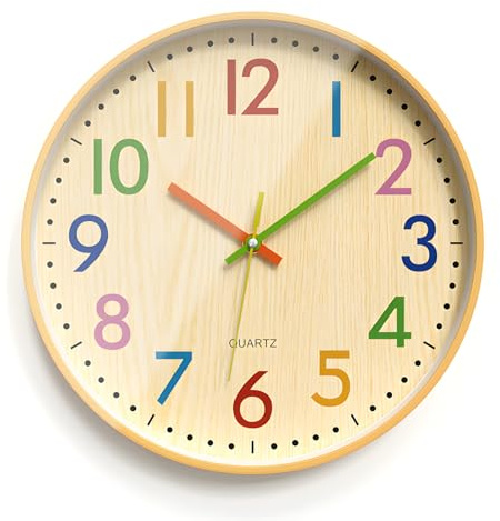 Reloj de pared infantil sin ruido de tictac, reloj de pared de 30 cm, moderno, reloj de cocina, números coloridos, reloj de aprendizaje de cuarzo, silencioso, moderno, vetas de madera, creativo para
