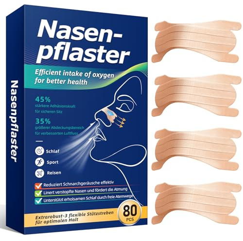 Nasenpflaster Anti Schnarch, 80 Stück, 3-fach Stütze für Besser Atmen