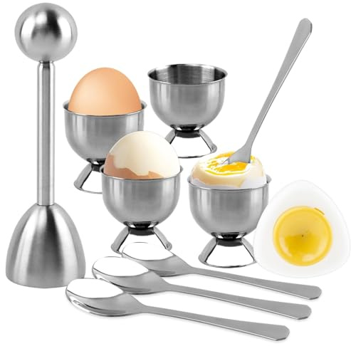 10Pcs Egg Cracker Topper Cutter Set for Hard Boiled Eggs,With 4X Stainless Steel Egg-Cups for Soft Boiled Eggs,4 X Egg-Spoons,1 X Magnetic Egg-Piercer,for Breakfast Kitchen Tool