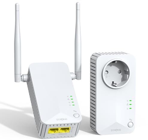 STRONG AV600 Kit Powerline con Pass-Through, WiFi 300Mbps, Presa Integrata, Ripetitore Powerline WiFi HomePlug AV2, Plug & Play, Modalità Risparmio Energetico, Port LAN 100Mbps (POWERLWF600DUOEUV2)