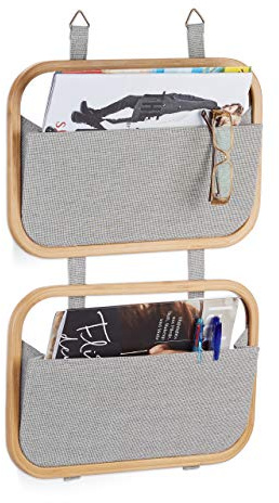 Relaxdays Étagère murale organiseur de porte rangement suspendu porte-revues porte 2 poches HxlxP: 60 x 40 x 1,5 cm, nature-gris